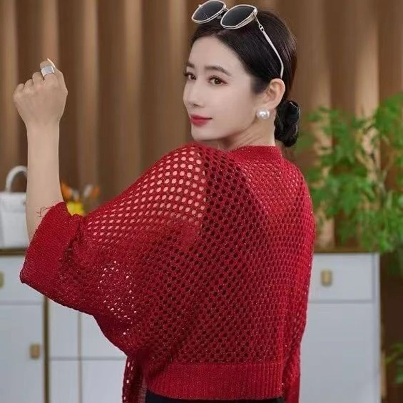 2025 nuevo cárdigan de punto calado de verano, abrigo para mujer, suéter suelto elegante, ropa de protección solar