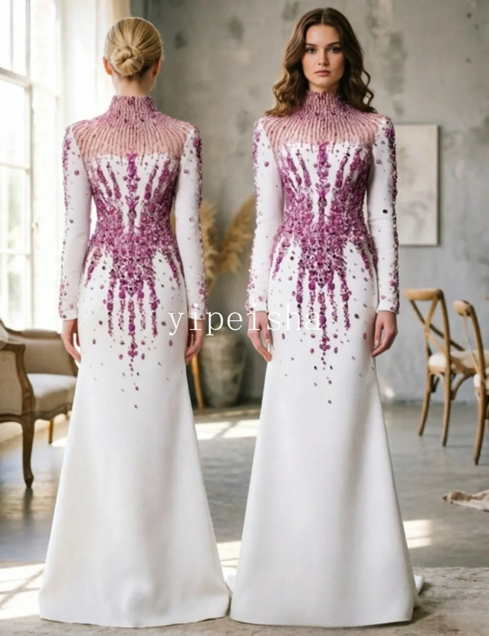 Customized Elegant High Neck Long Sleeve Mermaid Evening Dress White Satin Gradient Fuchsia Rhinestone Formal Gown Guest Party