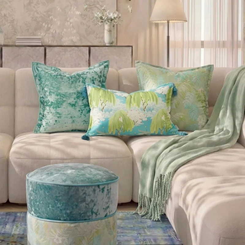 Fresh Green Blue Pillow Chinese Plants Cushion Case Modern Luxury Square Decorative Pillow Cover For Sofa Chair Home Decorations