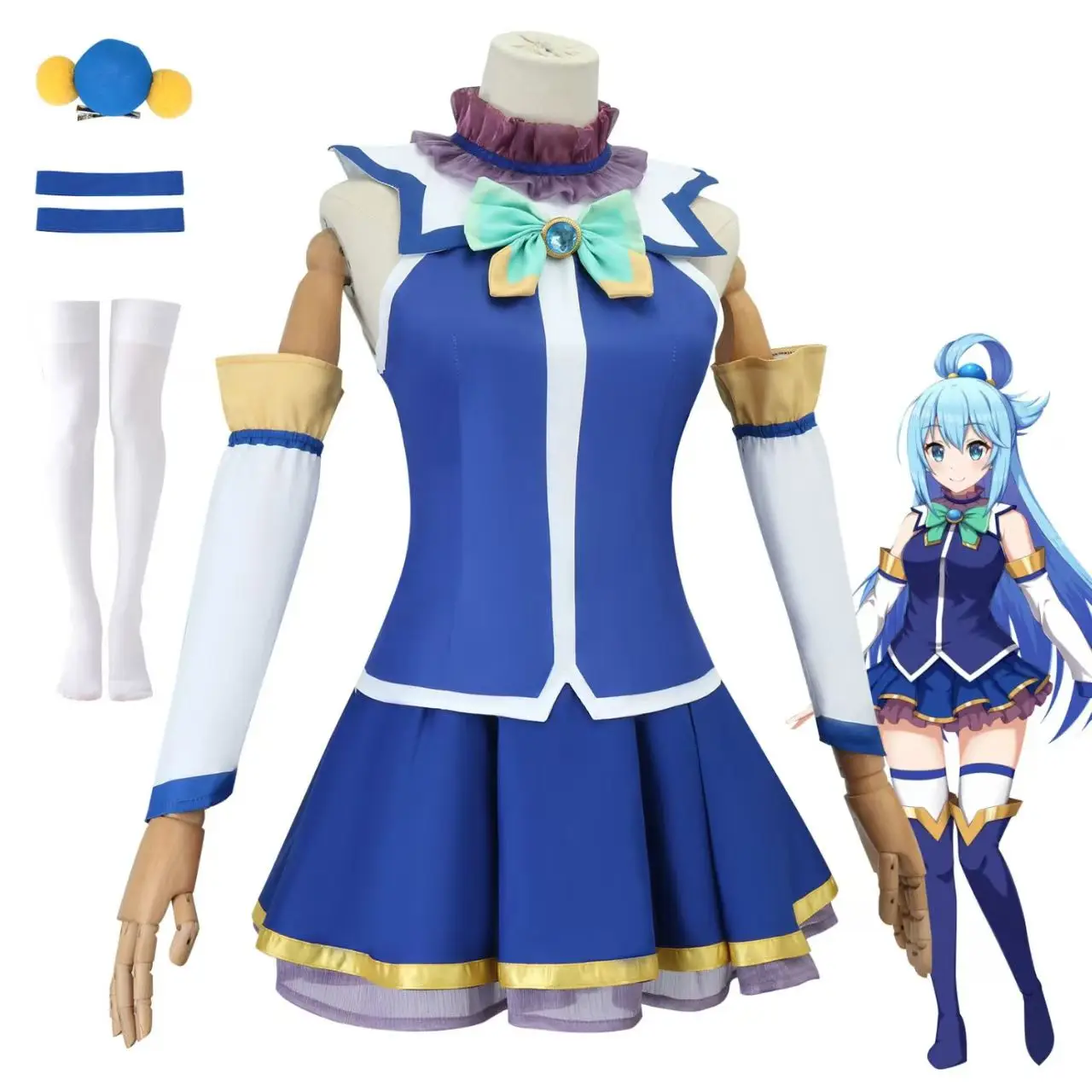 

Anime Konosuba Aqua Cosplay Costume For Women Blue White Uniform Dress Outfit With Accessories Comic Con Halloween Party Outfit