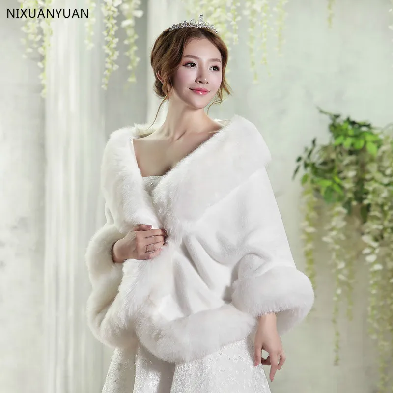 Red/White Wedding Bolero Winter Bridal Shrug Faux Fur Wedding Shawls Women Wraps Bridal Jacket Party Coat Bridal Shawl