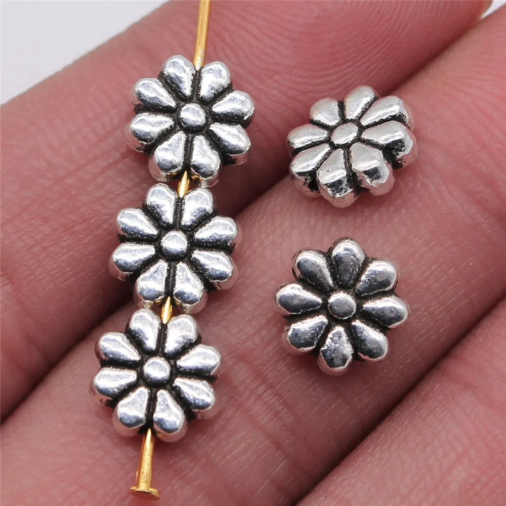 10pcs/lot 9x9mm Small Flower Beads For Jewelry Making Antique Silver Color 0.35x0.35inch