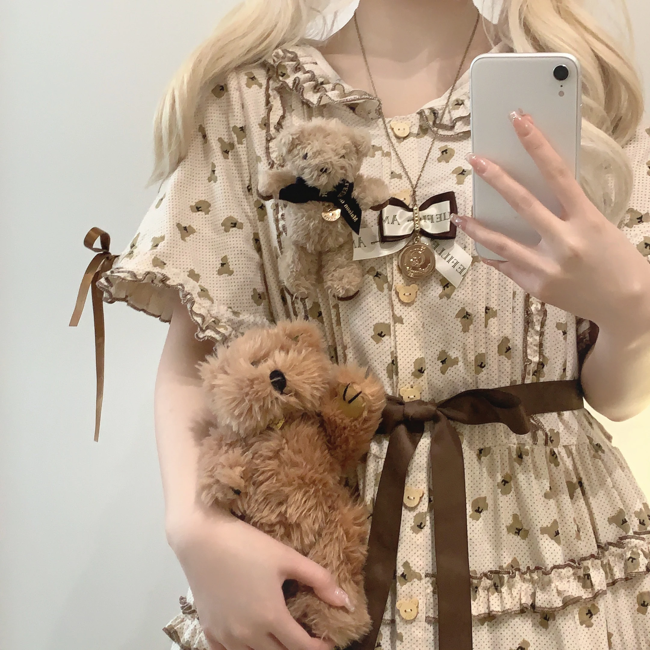 Japanese Style Mori Cute Bear Printed Lace-up Bow Layered Hood Flare Sleeve High Waist A-line Single-Breasted Sweet Dress Women