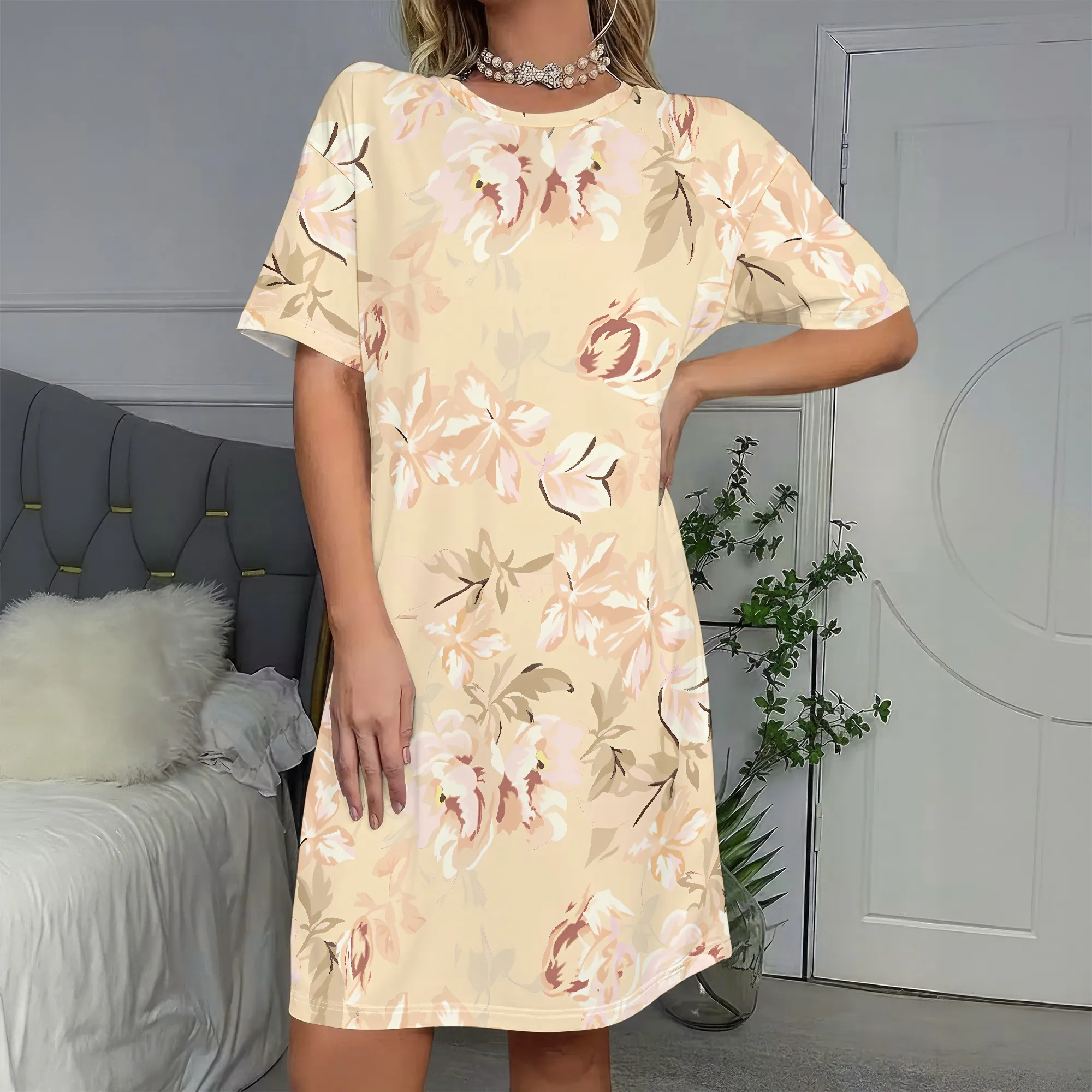 

Floral Print,Short Sleeve Dress,Beige Floral Pattern,Casual Summer Wear,Relaxed Fit Tunic,S-2XL