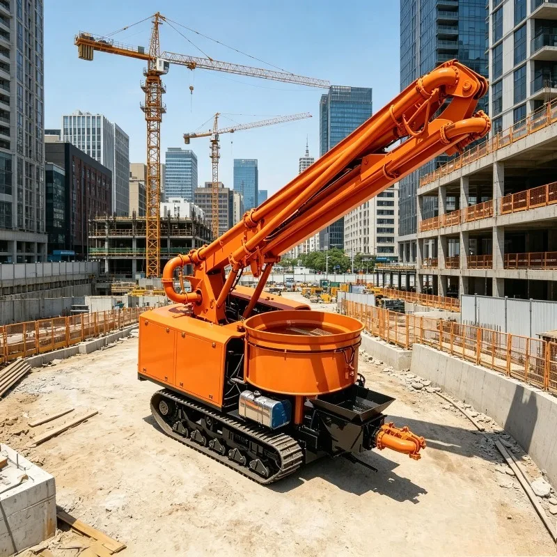 FOB Price Track Mounted Heavy Duty Concrete Mixer Boom Pump Stable Walking Chassis Flexible Extendable Uniform Concrete Output