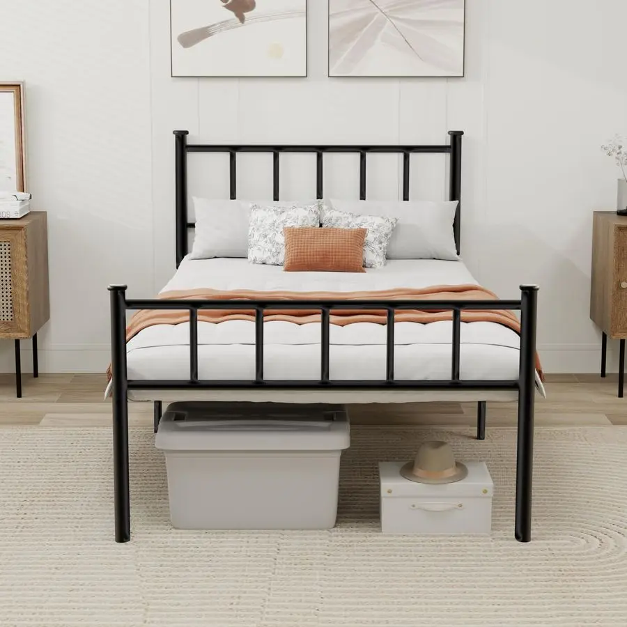 

Platform Twin Bed Frame with Headboard Sturdy Steel Slats Support No Box Spring Needed Easy Assembly Black