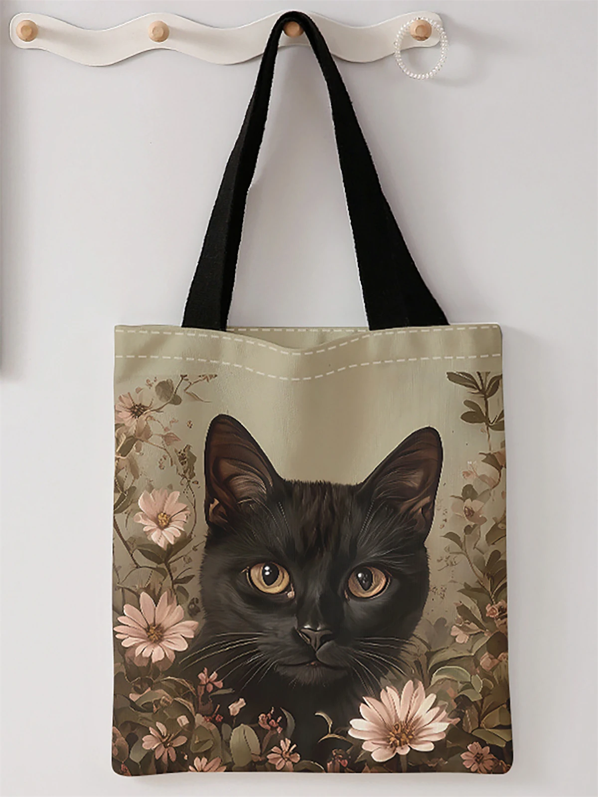 

Black cat pattern printed casual handbag, reusable fashionable backpack, multifunctional handbag, canvas shopping bag