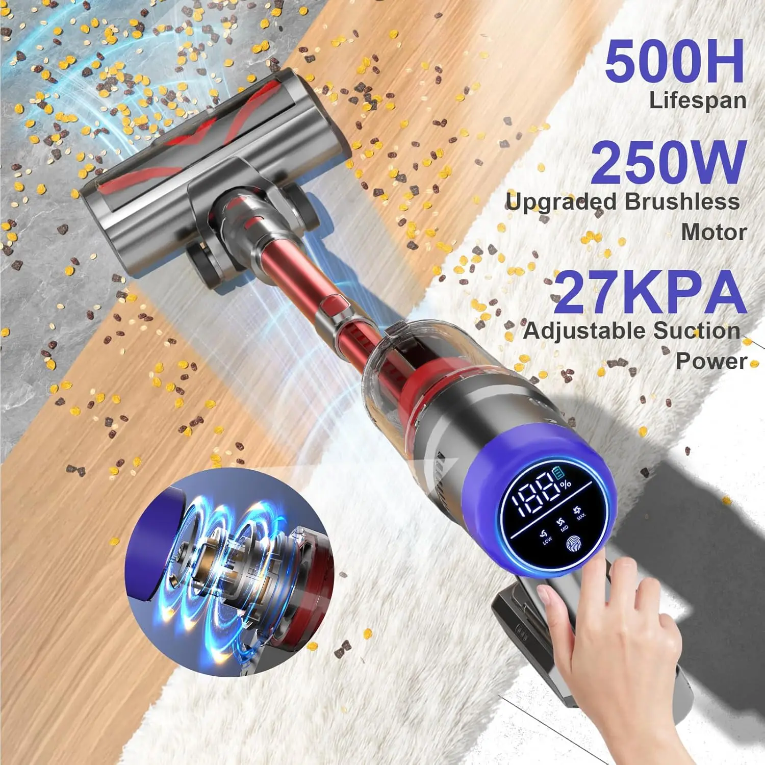 Cordless Stick Vacuum Cleaner, Up to 55 Mins Lightweight Vacuum with Brushless Motor, LED Screen, Anti-Tangle Brush