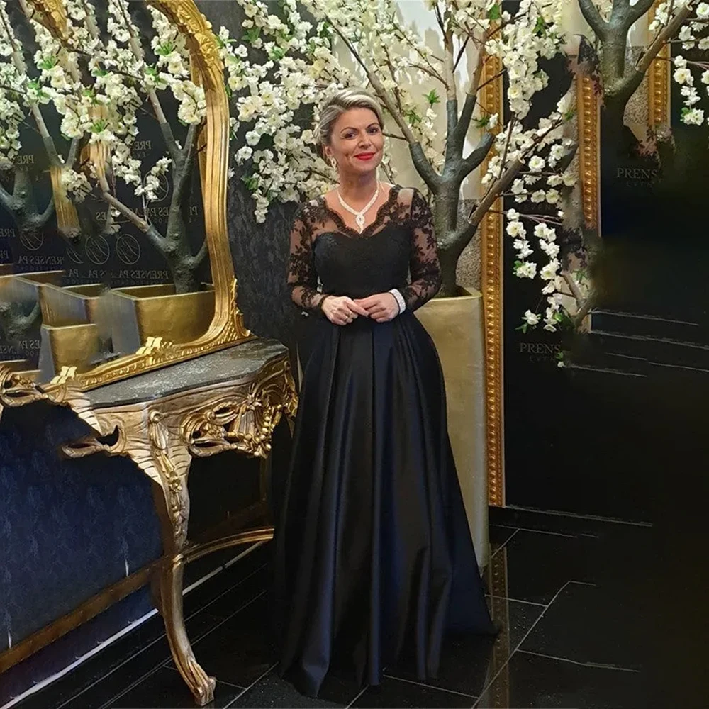 

Elegant Mother Dress V-neck Lace Appliques Long Sleeve A-line Bride Mother Wedding Guest Formal Party Evening Gown Customized