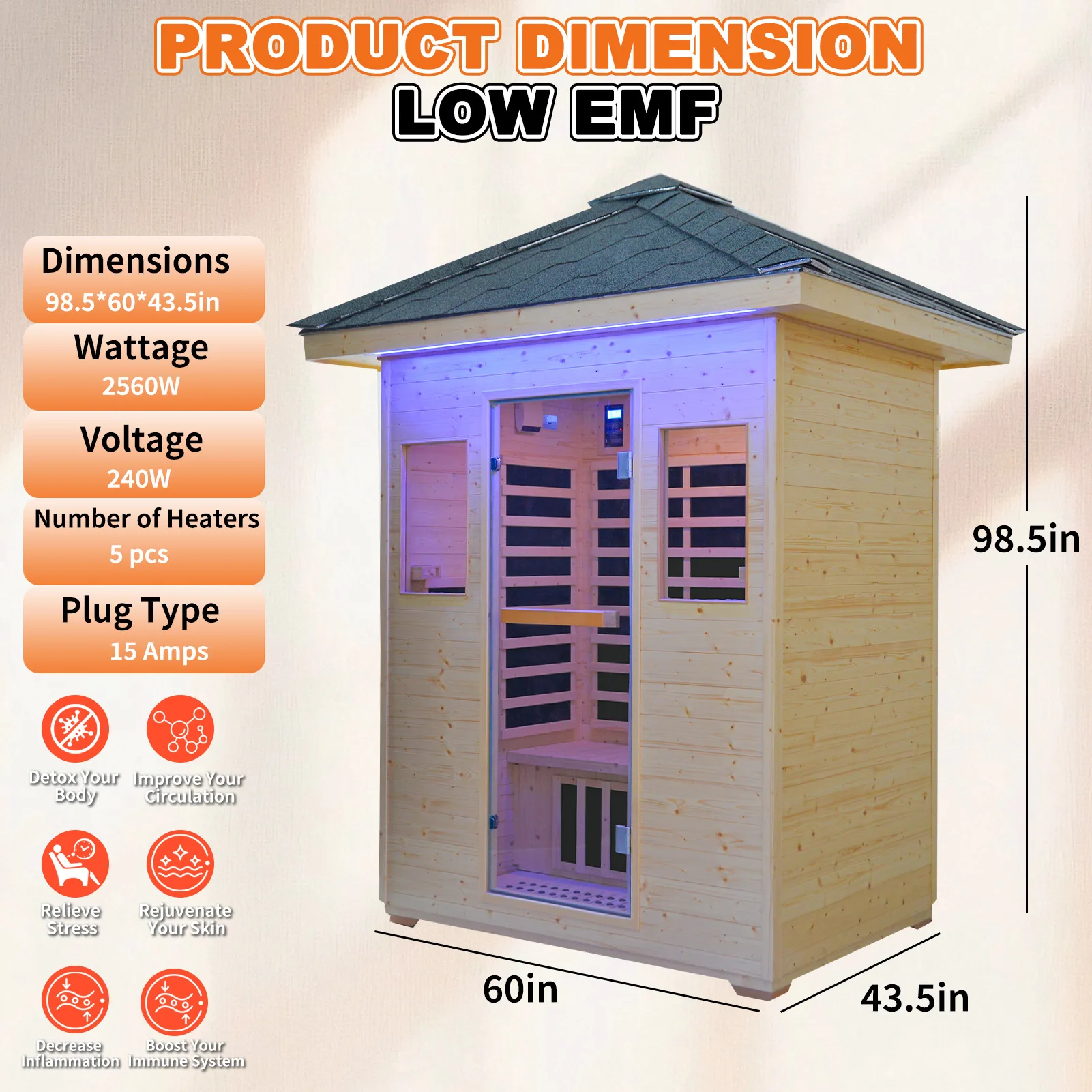 Outdoor Far Infrared Graphene Sauna Room, Natural Spruce Wood Low EMF Home Sauna Cabin with Waterproof Asphalt Roof, Color Light Therapy for Home Backyard Spa view 5