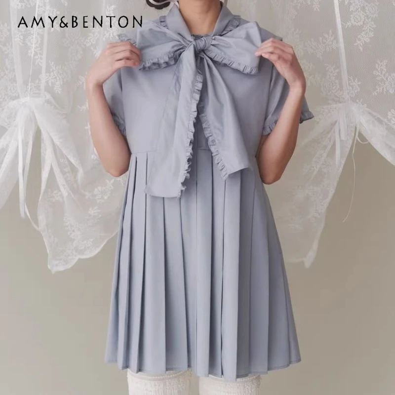 

Original Japanese Design Women's Clothing Sweet College Style Cute Doll Collar Bow Age-reducing Pleated Shirt Short Dress Ladies