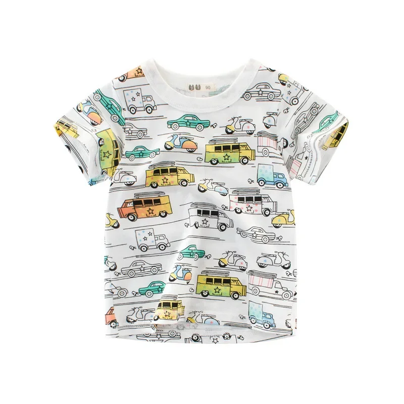 Korean version of children's clothing, summer trend, boys' short sleeved sweatshirt, full print car cartoon children's T-shirt