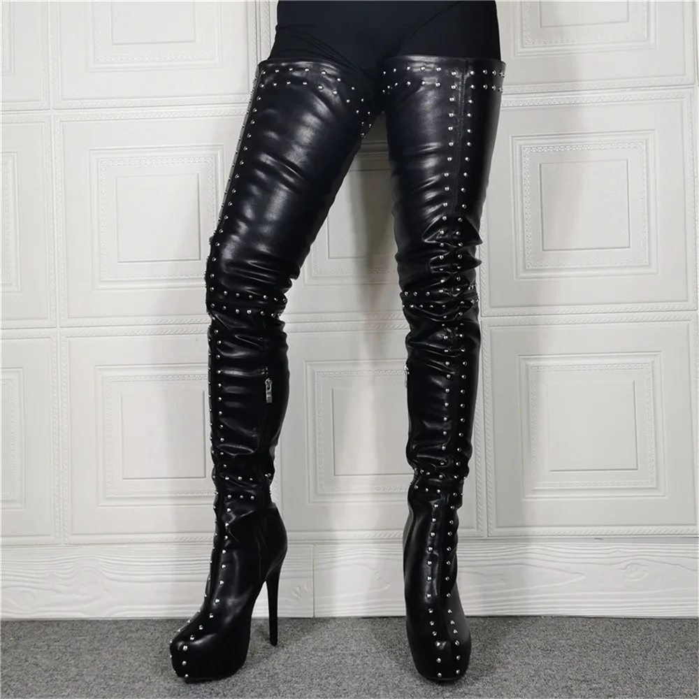 Women Black White Stiletto High Heel Round Toe Over The Knee Boots Platform Rivet Female Thigh High Boots