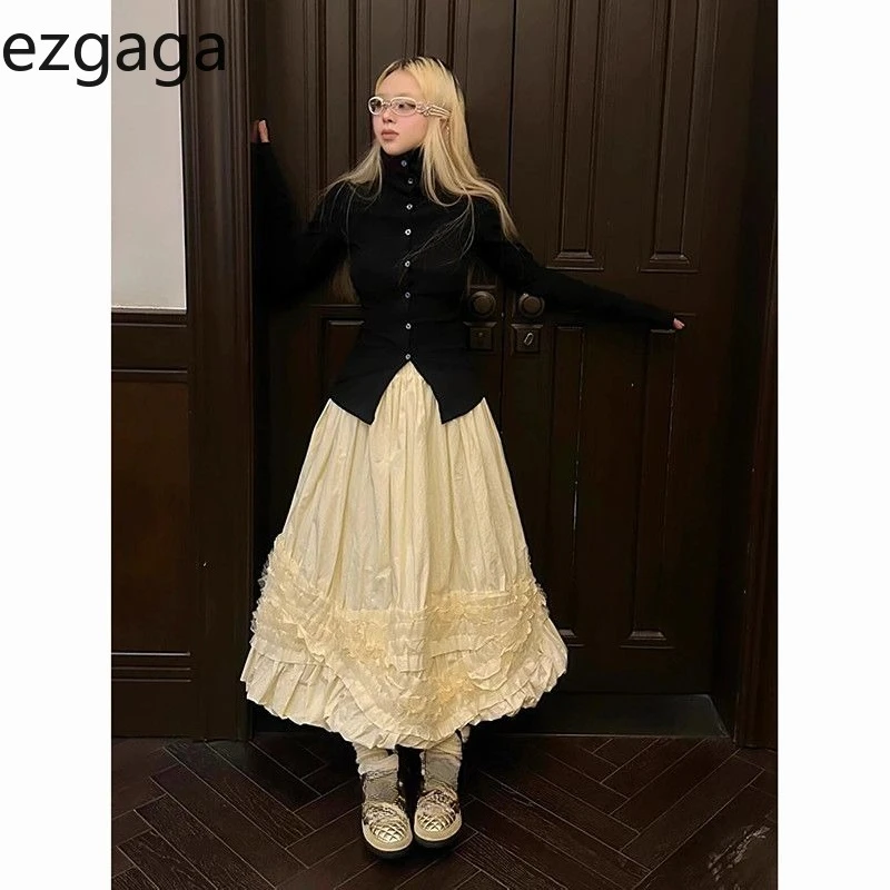

Ezgaga женские юбки элегантные милые с высокой талией осень-зима оборки лоскутные винтажные длинные юбки бутон женская повседневная мода