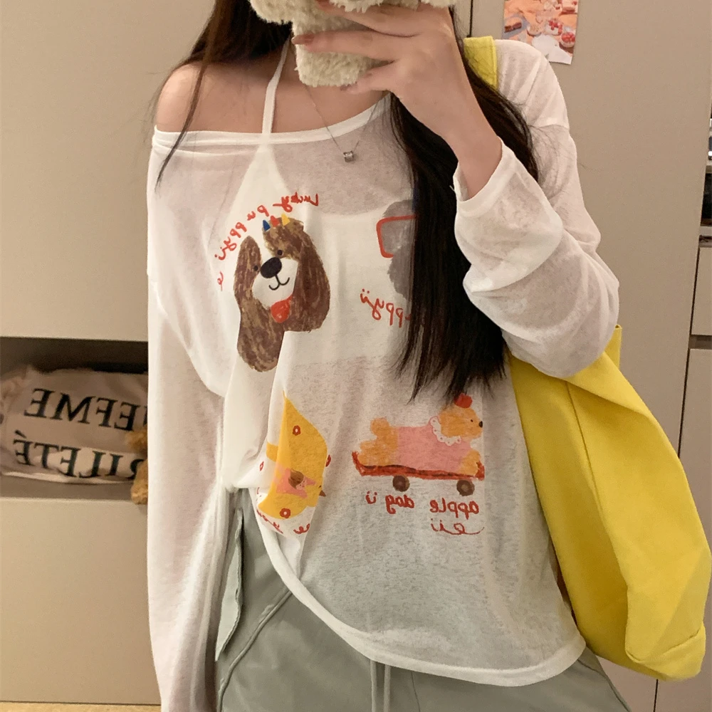 Summer funny cartoon Long Sleeve T-shirts Women's Casual Loose Thin Slightly Transparent Sun Protection Cover Tops White T Shirt