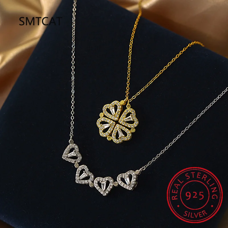 Luxurious Two In One Love Heart Four Leaf Clover Necklace 925 Silver Jewelry Zircon Lucky Grass Fashion Women Girl Gifts