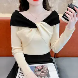 Women Clothing Autumn Winter Korean Fashion Contrast Color Sexy Kintted Sweater Sweet Chic Bow Design Long Sleeve Slim Fit Tops