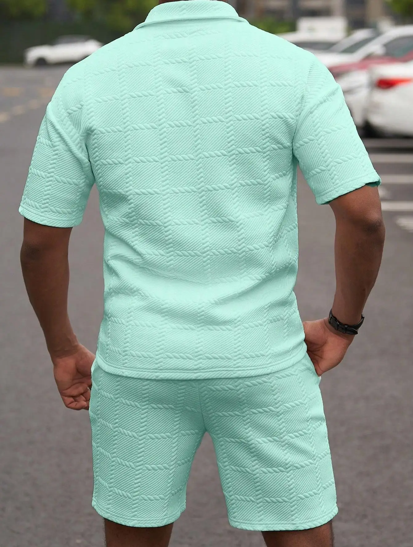 Conjuntos de Dos Piezas Casuales de Verano 2026 para Hombre, Tops de Manga Corta con Cuello Polo Vintage y Pantalones Cortos, Conjuntos de Moda para Hombre, Atuendos con Textura a Cuadros