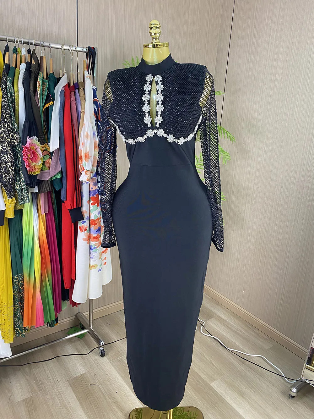 Black Long-Sleeve Bandage Bodycon Maxi Dress – Sexy and Elegant Knit Gown for Birthday Parties and Clubs-GZXX1225