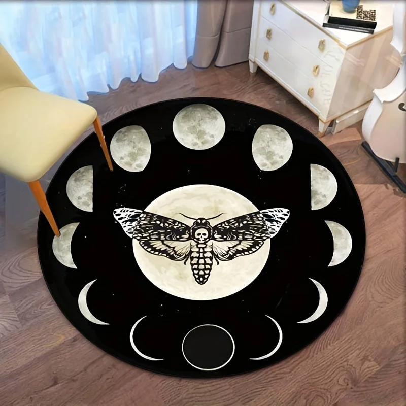 Moon phases moth skull round rug gothic celestial art crystal velvet carpet for bedroom living room Halloween mystical decor