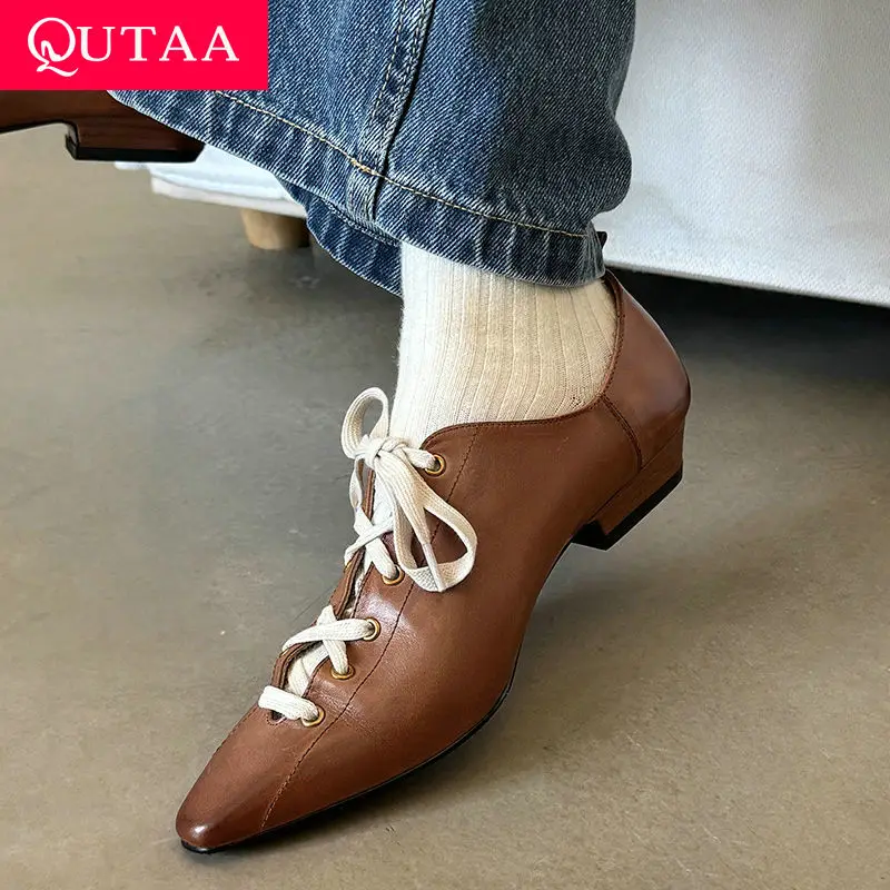 QUTAA 2025 Fashion Women Pumps Shoes High Square Heels Vintage Lace Up Summer Casual Pointed Toe Shoes Spring Woman Black 34-39