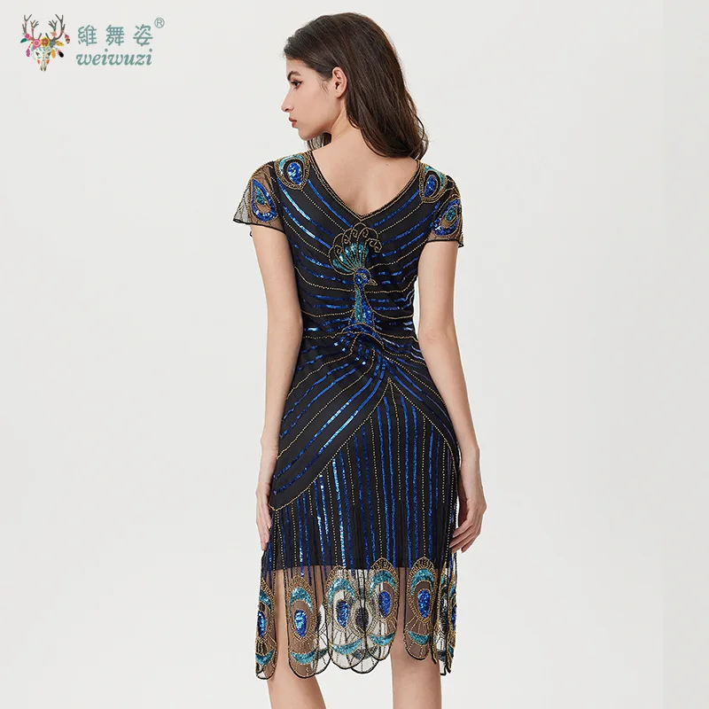 새로운 1920년대 빈티지 여성용 블루 피콕 스팽글 비즈 자수 패턴 반팔 태슬 칵테일 파티 이브닝 드레스
