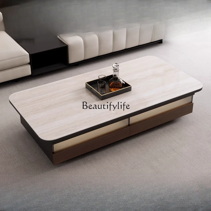 

-*Glass coffee table light luxury high-end living room Italian minimalist solid wood travertine rock slab coffee table