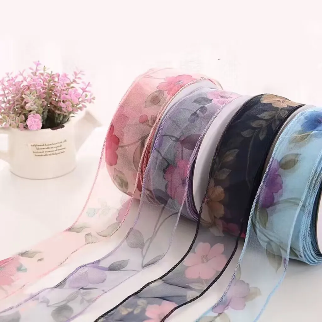 

25 Yards/5.5cm Cuffed Edge Snow Gauze Flowers/Printed Ribbon DIY Handmade Materials Headdress Hair Bows Clothing Accessories