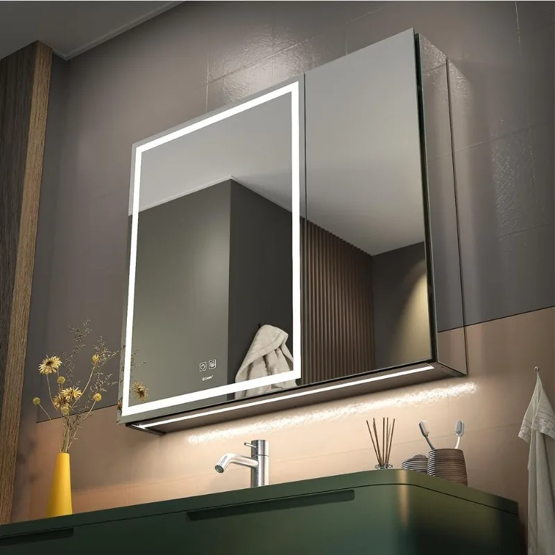 LED Lighted Bathroom Medicine Mirror Cabinet with Sockets & USBs, Anti-Fog Dimmable Light and Color Adjustment, Antirust and