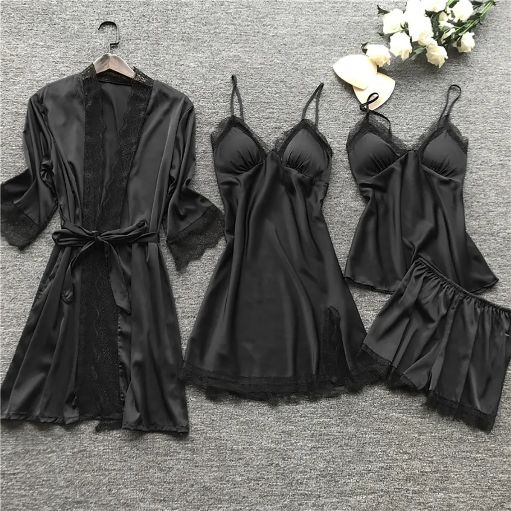 4pcs Women Sleepwear Set Satin Silk Lace Robe Dress Set Lingerie Pajamas Smooth Soft Nightdress Women Homewear Night Gown