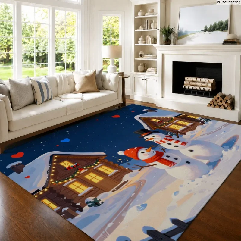 Blue Snowman Snowflake Area Rug Winter Holiday Cartoon Print Large Floor Carpet for Living Room Patio Indoor Xmas Home Art Decor