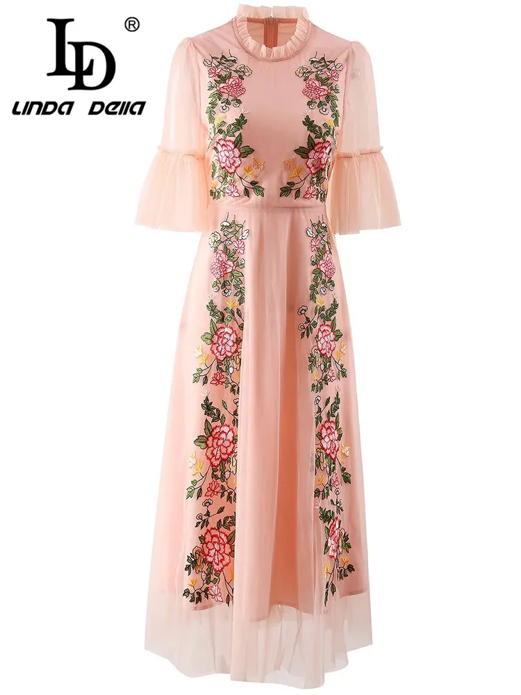 

LD LINDA DELLA 2024 Summer Runway Dress party night Women's Round Neck Heavy Work Embroidery High waist Splice Lace Dress