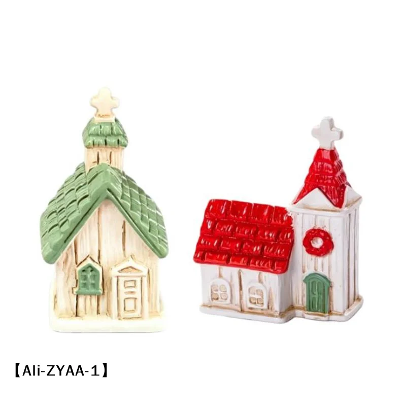 【A】Green/Red Roof House Miniature Model Mini Resin Christmas Village Church Figurines Garden Scene Ornament Photography Prop