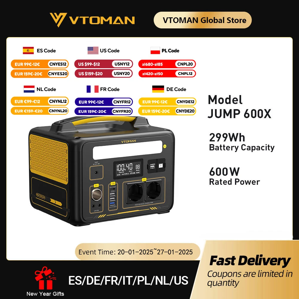 VTOMAN JUMP 600X Portable Power Station 299Wh Solar Generator LiFePO4 1200W Peak Power Powerstation Emergency Backup