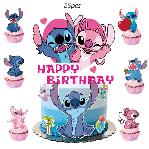 스티치 케이크 토퍼, 컵케이크 토퍼, 스티치 생일 장식, 스티치 테마 파티 용품, 앤지 생일 케이크 장식