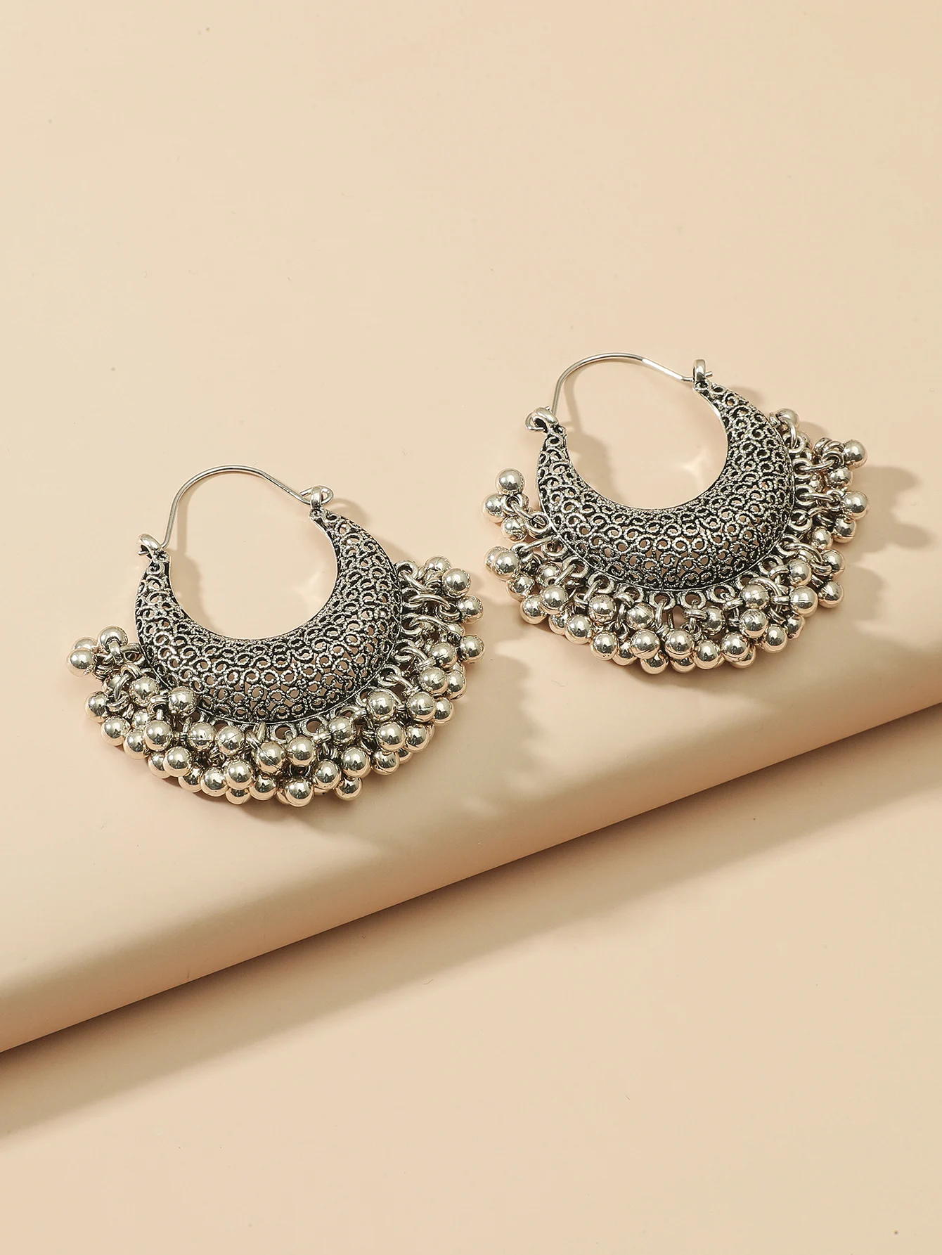 Retro-made old silver oxide crescent earrings national style hollow carved tassels earrings Bohemian holiday style exaggerated e