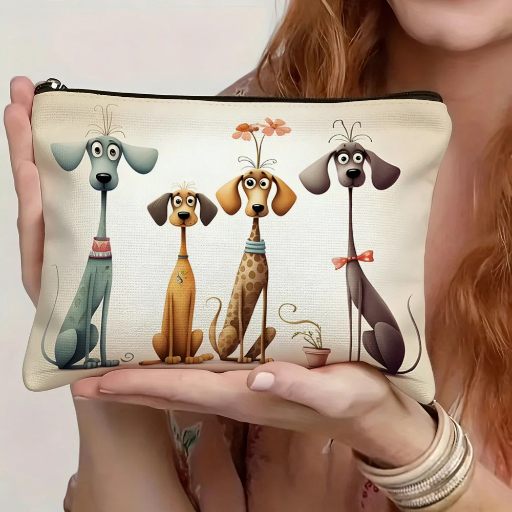Cute Cartoon Long Dog Print Canvas Cosmetic Bag Funny Puppy Pattern Zipper Pouch Makeup Storage Travel Organizer