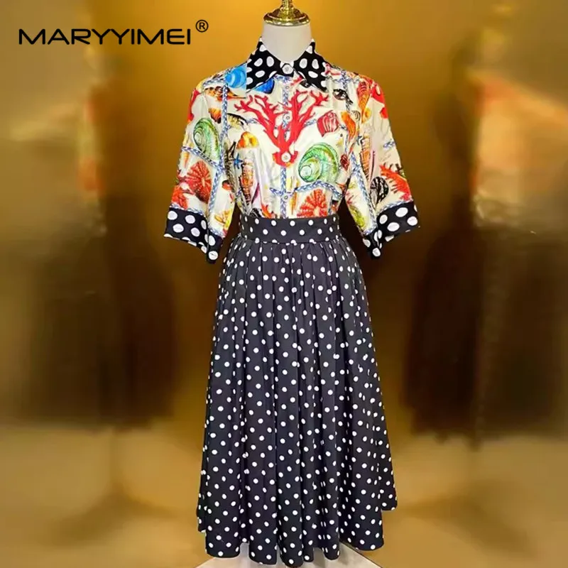 

MARYYIMEI Summer Women's Suit Turn-Down Collar Single-Breasted Half Sleeved Silk Tops+Dots Print cotton skirt 2 Piece Set