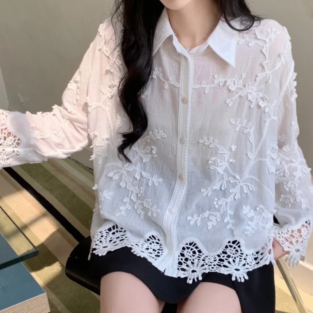 

New Polo Collar Lace Embroidered Long Sleeve Shirt women blouse