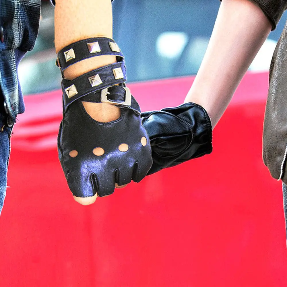 Adjustable Rivet Gloves Faux PU Leather Hollow Out Half Finger Mittens For Performance Dance Street Style Nightclub Party Gear