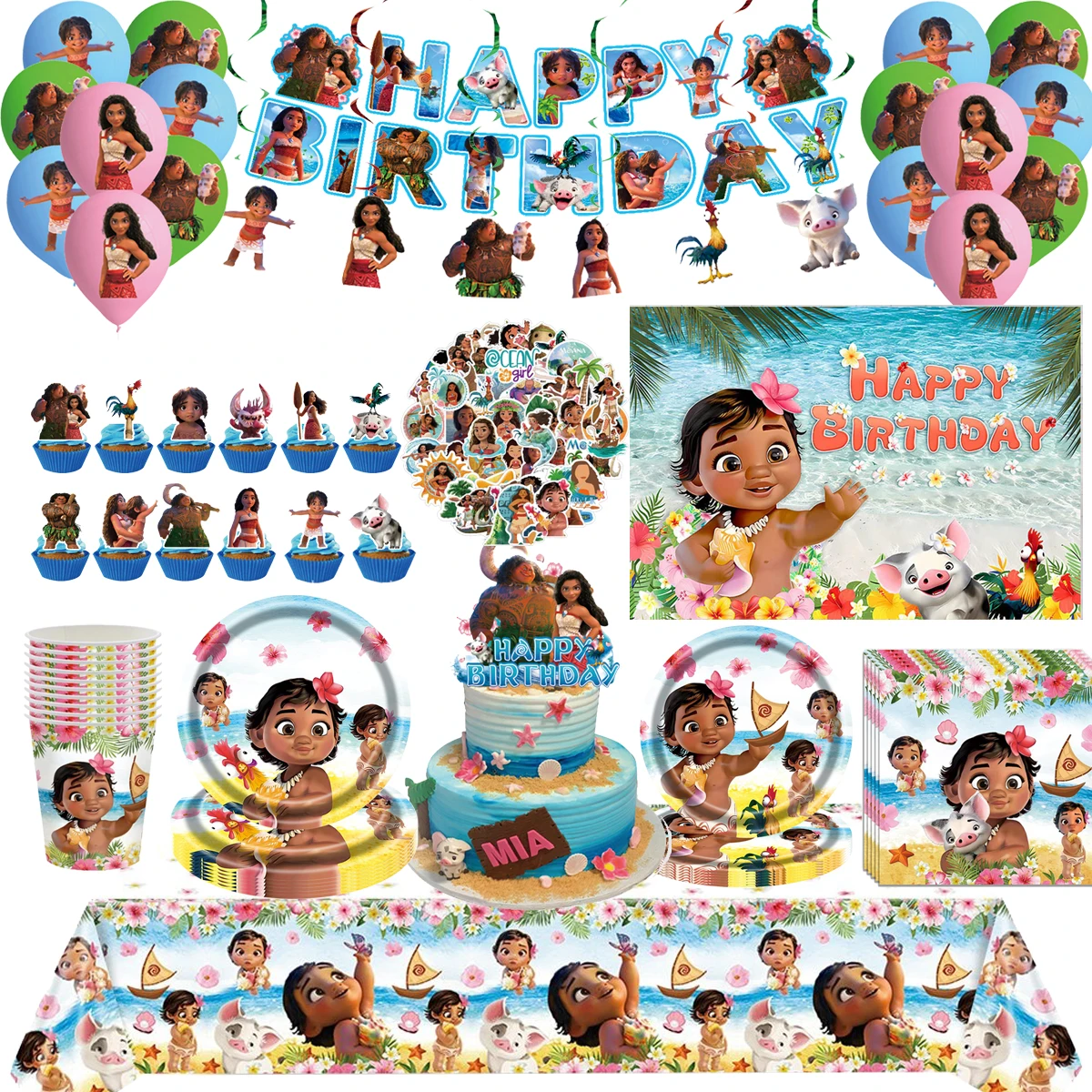 Disney Moana 2 Party Decoration Simia Tableware Paper Plates Balloons Tablecloth Stickers Party Favor Gifts Christmas Supplies