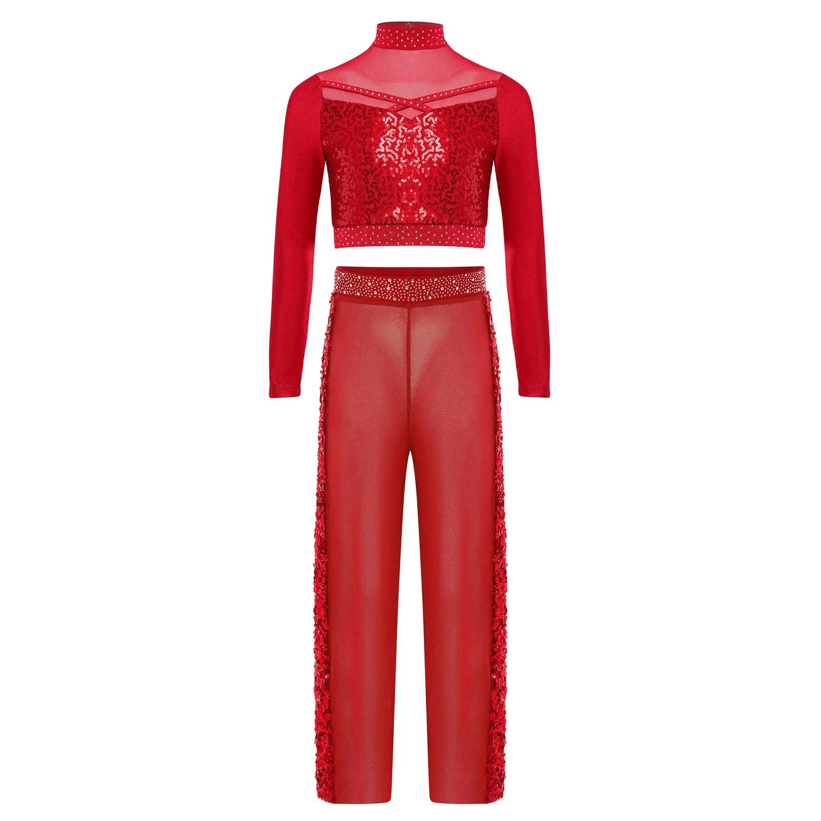Kid Girls Lyrical Dance Set Modern Contemporary Performance Costume Sequins Crop Top+Pants Rhythmic Gymnastic Ballet Dancewear