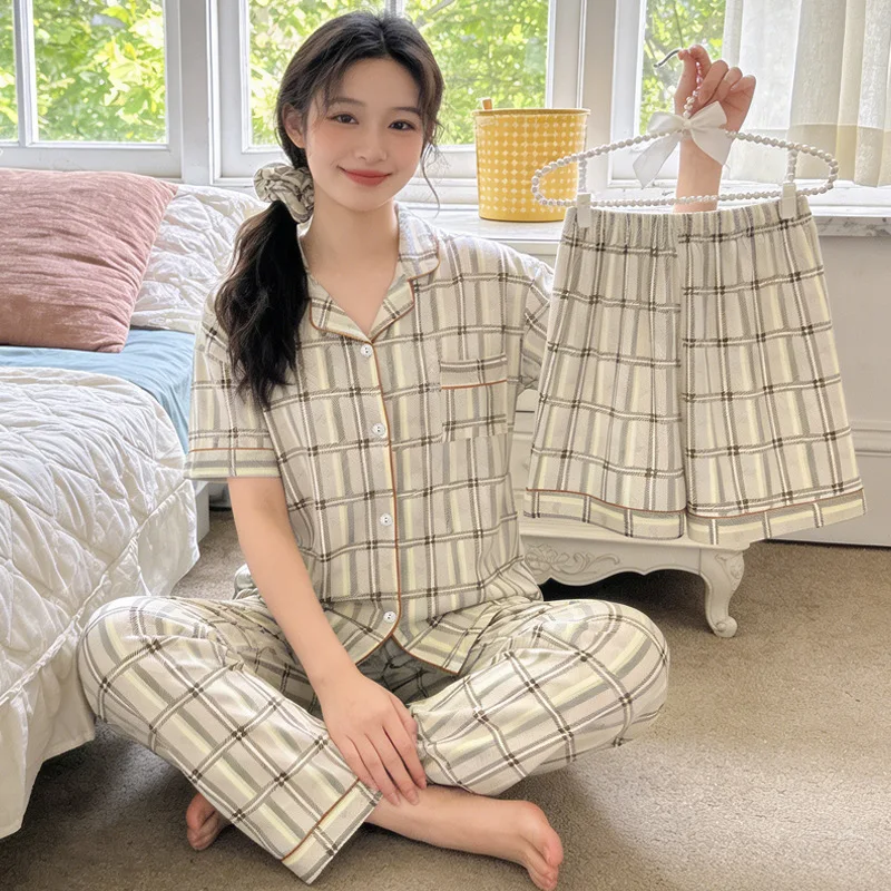 New Ins-Style Lazy Feeling Pajamas for Girls, Summer Thin Plaid Short-Sleeve Three-Piece Set Cardigan, Casual Loose Loungewear
