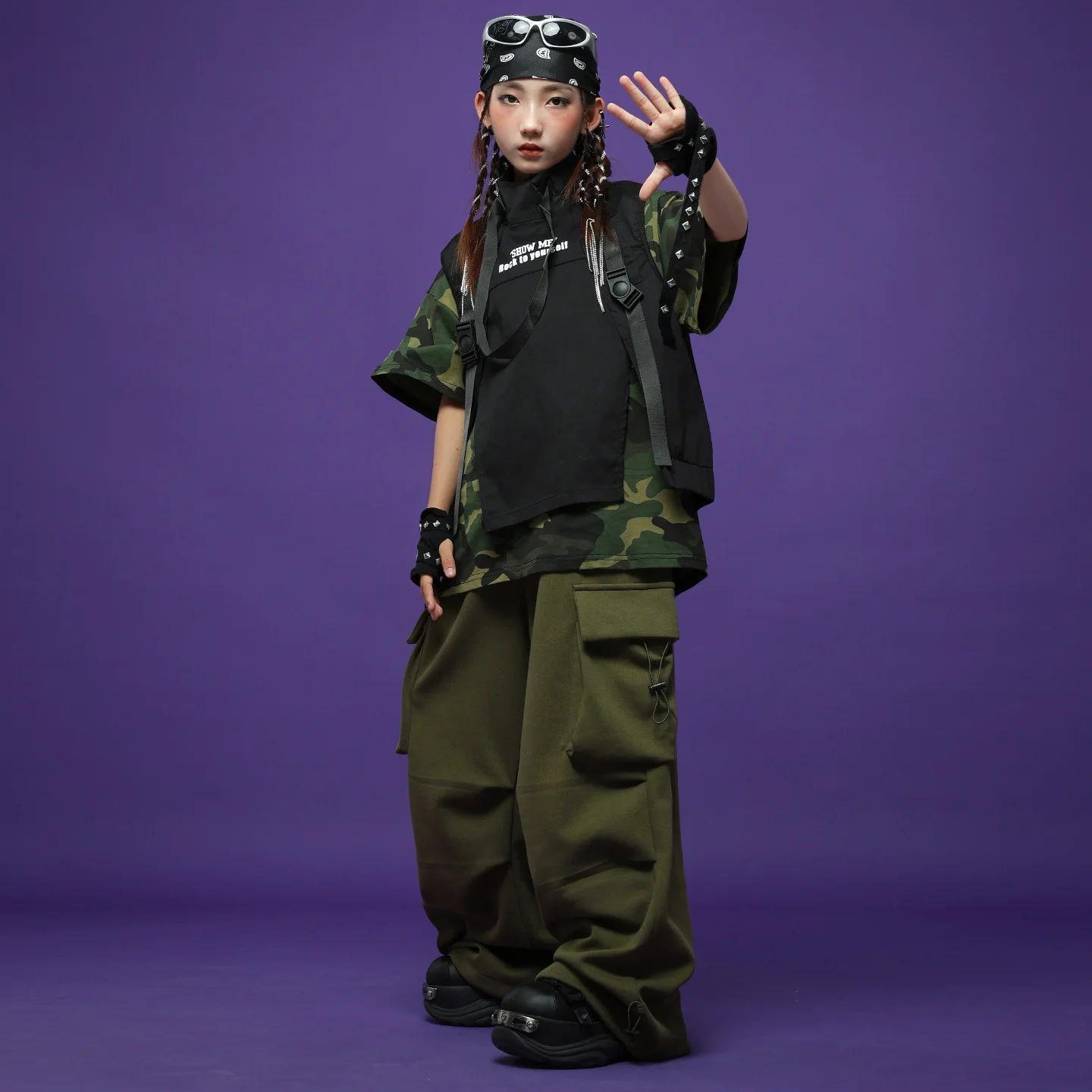 Abbigliamento Hip Hop per bambini Giacca senza maniche nera Gilet T-shirt mimetica Pantaloni cargo casual verde militare per abiti da ballo per ragazza ragazzo