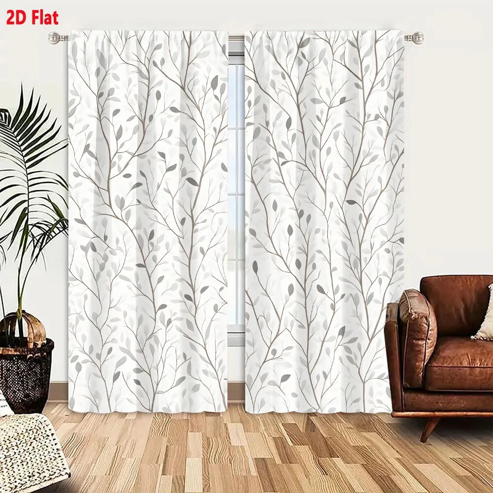 2Pcs Curtains Seamless Pattern Of Stylized Tree Branches And Leaves In Shades Of Gray On Cream Background Window Drapes for Bedr