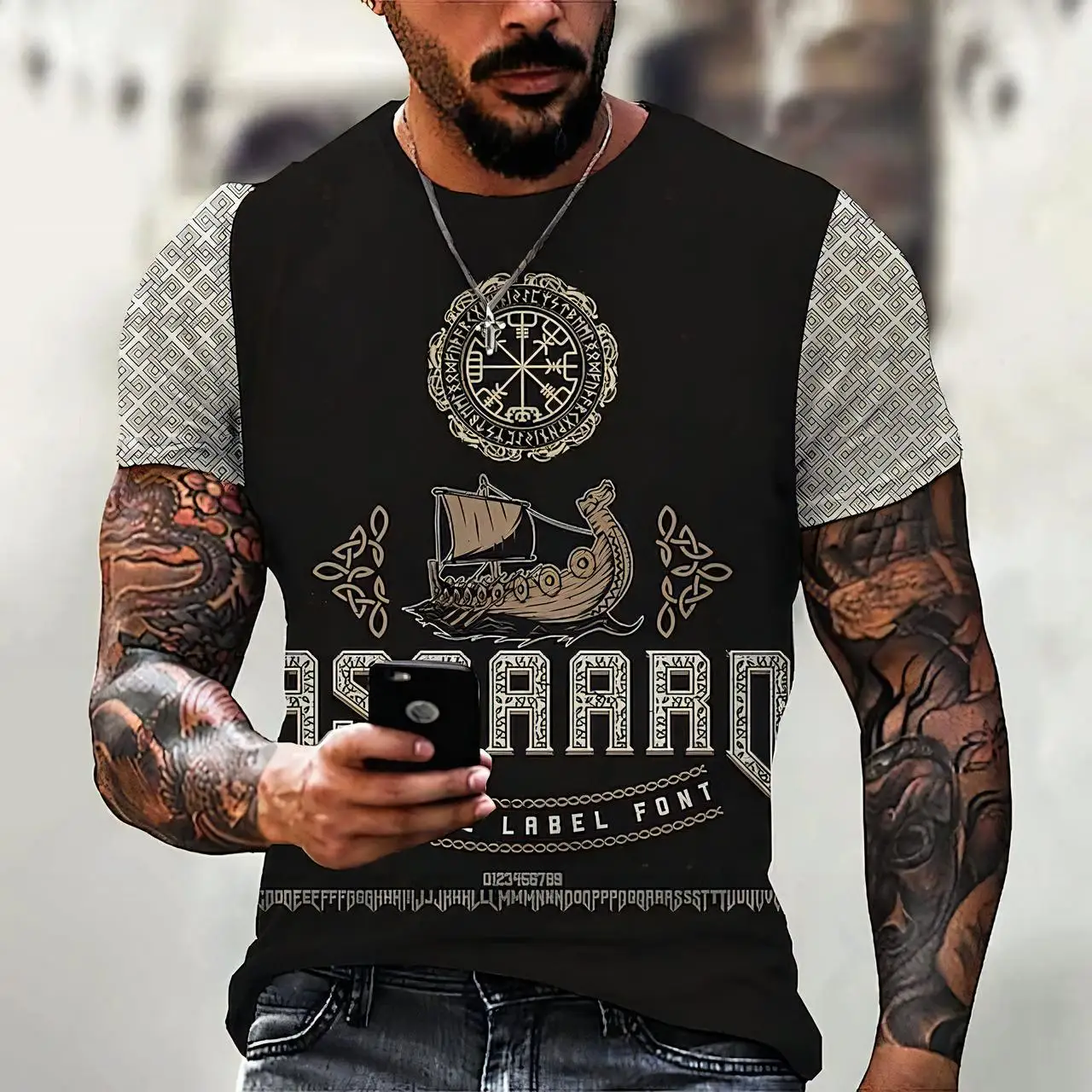 Kaus Pria Gambar Cetak Prajurit Viking 3D Lucu Pakaian Vintage Tren Hip Hop Atasan Lengan Pendek Leher-o Mode Kaus Longgar Kasual Musim Panas