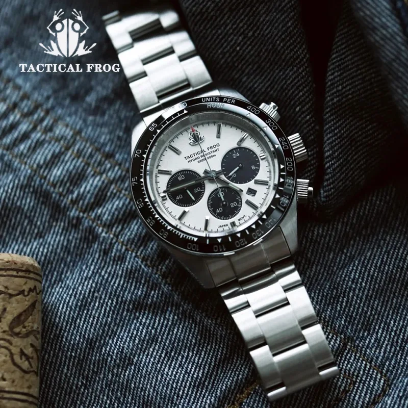 Tactical Frog Herren Taucheruhr VS75 Solar Quarzwerk Chronograph C3 Super leuchtendes Edelstahlarmband 20Bar Taucheruhr