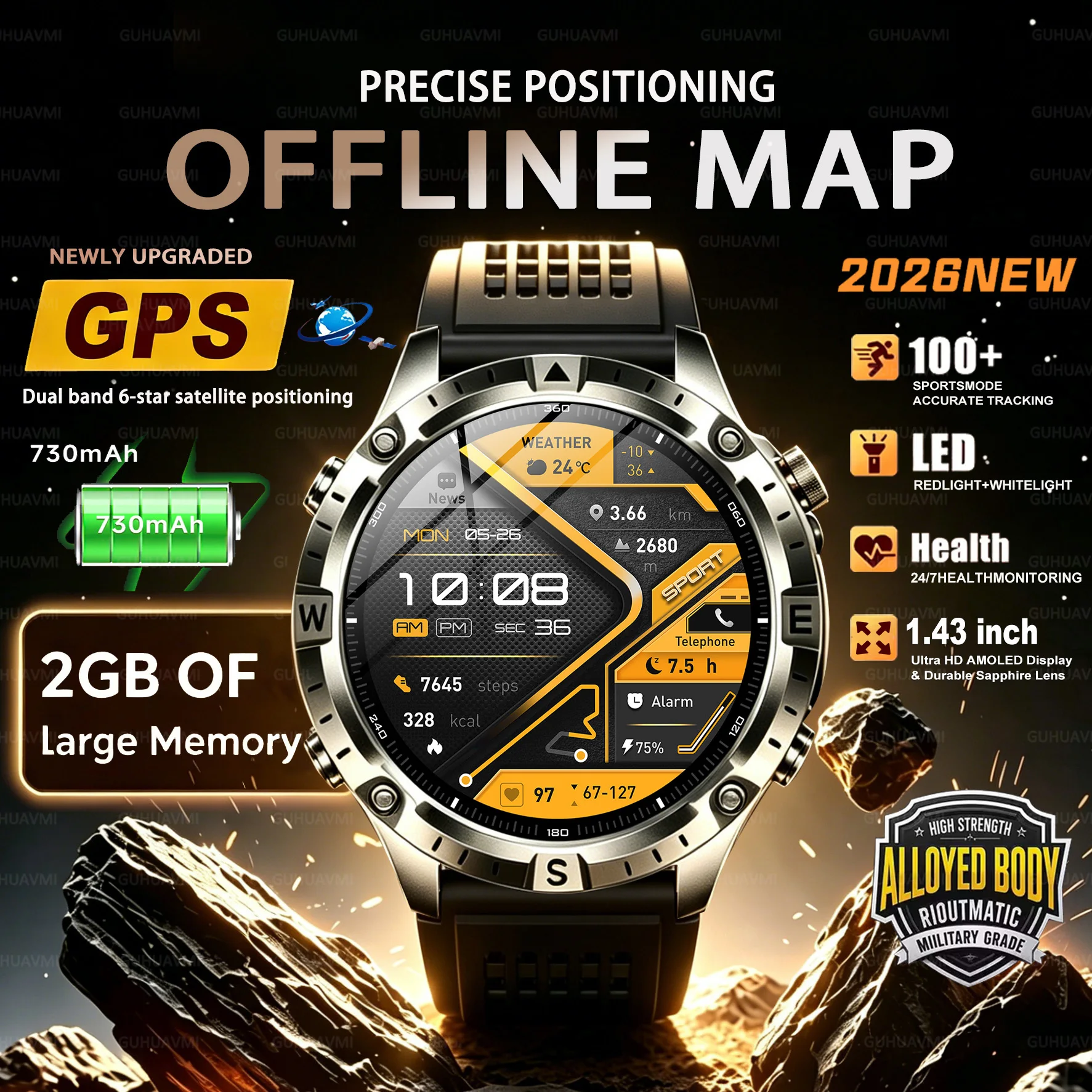 

2026New Military Offline Map GPS SmartWatch 3ATM Waterproof 2GB RAM Music Altitude Compass HD Call Fitness Sports Smartwatch Men
