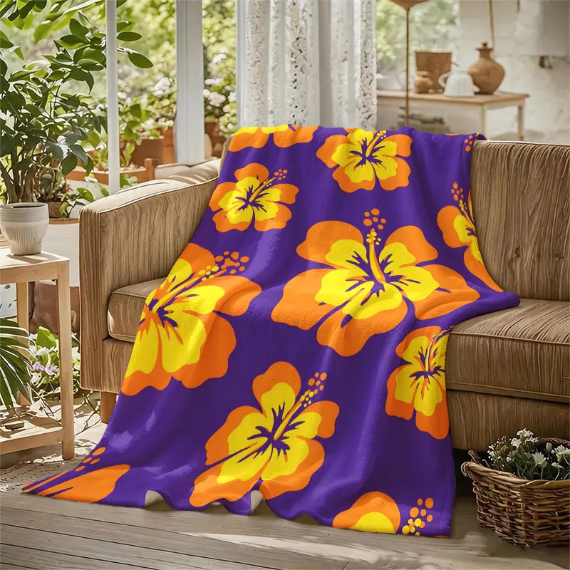 Hibiscus Flat Floral Flannel Blanket Warm Soft Halloween Christmas Decorative Couch Warm Cozy All-Season Gift
