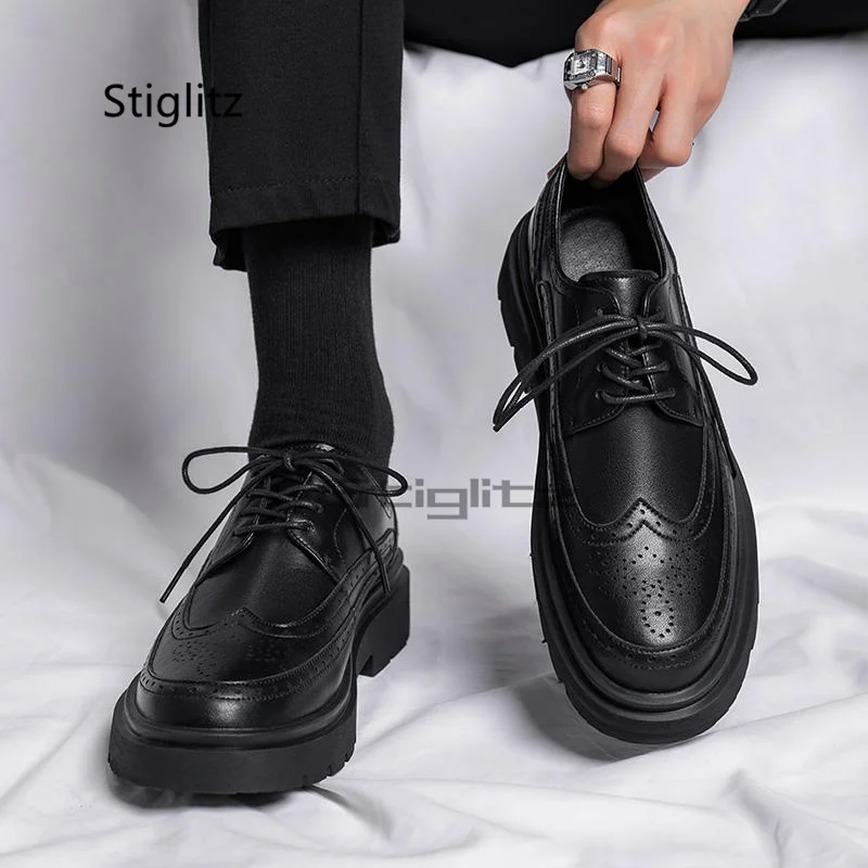 

Brogue Men's Leather Shoes Summer British Style Business Dress Height Increasing Casual Black Lace Up Wedding Groom Men's Shoes